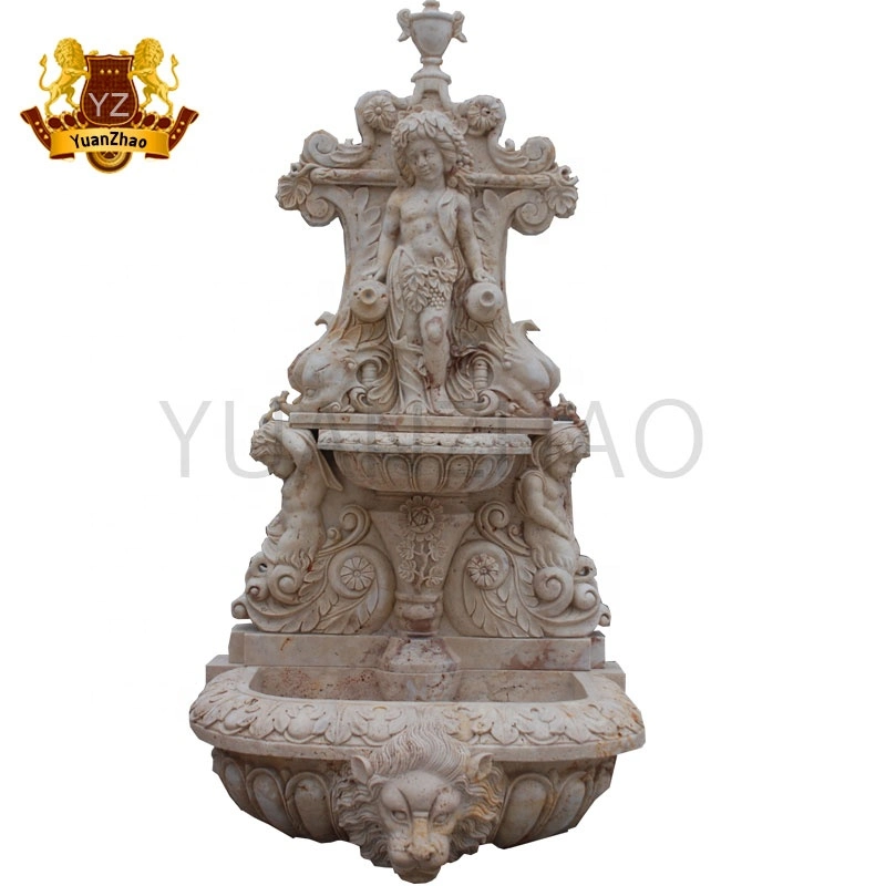 High Skilled Garden Beige Marble Lion Head and Cupid Angel Sculpture Wall Fountain Indoor Marble Waterfall Fountain